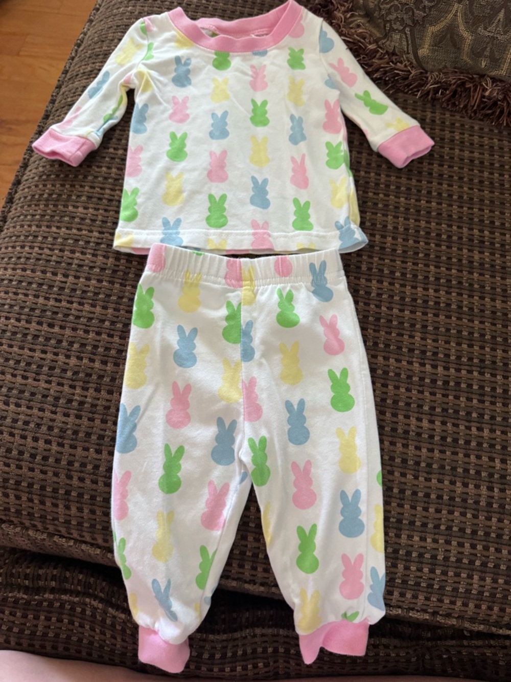 Kids Bunny Print Pajama Set - White with Pastel Accents- 3 months